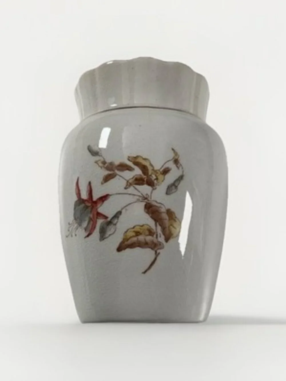 Antique Pre-1895 O.P. Co. Ironstone Vase Fuchsia Floral Scalloped Rim Syracuse